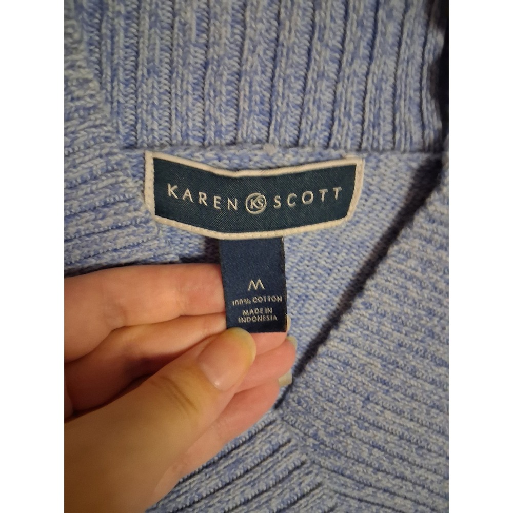 Karen Scott Powder Blue Shawl Collar V-Neck Knit Sweater Old Money Cozy Pullover - Picture 3 of 5